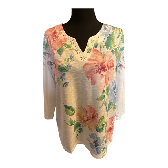 Alfred Dunner Tops - Alfred Dunner Women White Pink Floral Print 3/4 Sleeve Blouse Top Size Small